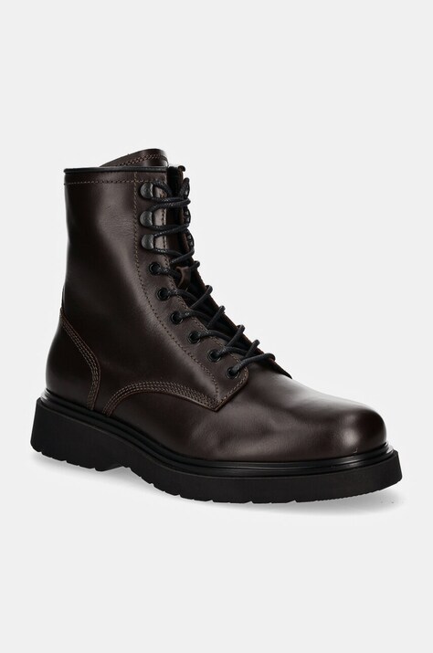 Calvin Klein bocanci de piele LACE UP BOOT W/ ZIP LTH barbati, culoarea maro, HM0HM01575