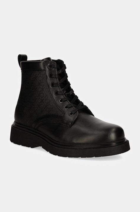 Calvin Klein bocanci de piele LACE UP BOOT W/ ZIP MONO barbati, culoarea negru, HM0HM01580