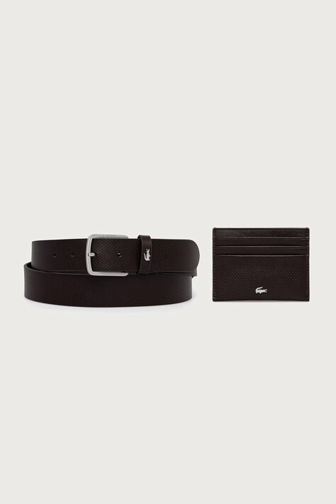 Lacoste Zestaw etui na karty i pasek męski skórzany brązowy RC4092