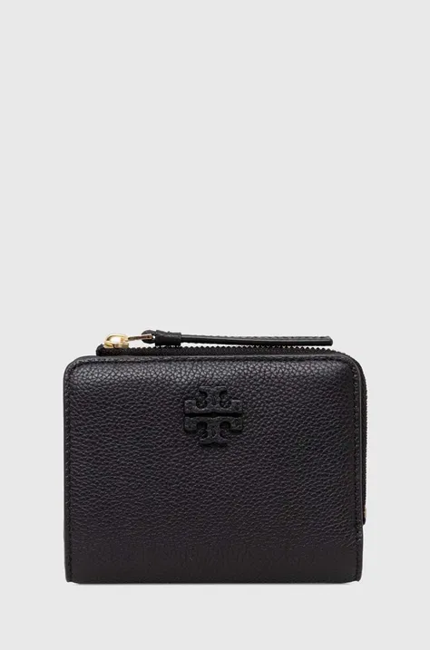 Δερμάτινο πορτοφόλι Tory Burch McGraw Bi-Fold γυναικείο, χρώμα: μαύρο, 158904.001