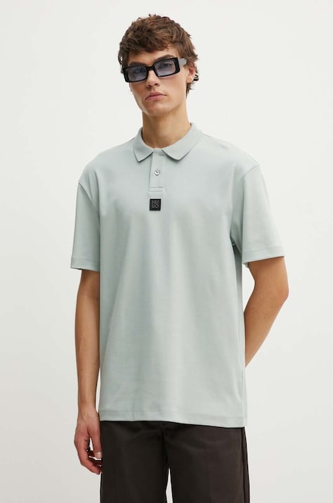 Памучна тениска с яка HUGO в сиво с изчистен дизайн 50517638