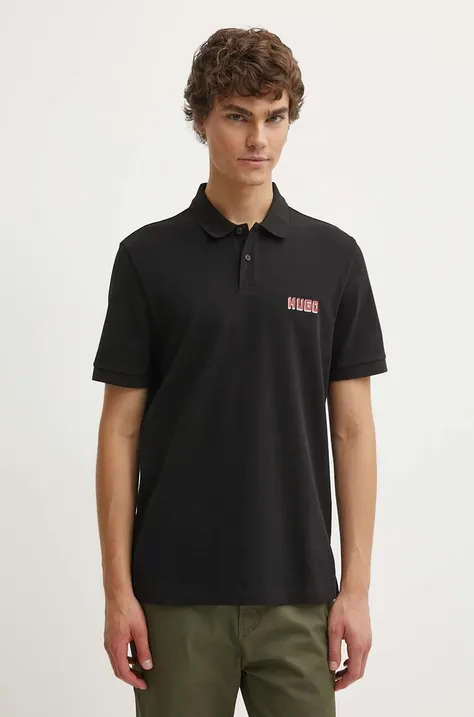 Bavlnené polo tričko HUGO čierna farba, jednofarebné, 50516651