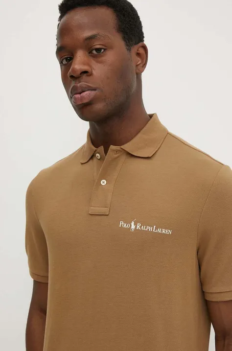 Памучна тениска с яка Polo Ralph Lauren в кафяво с изчистен дизайн 710950131001