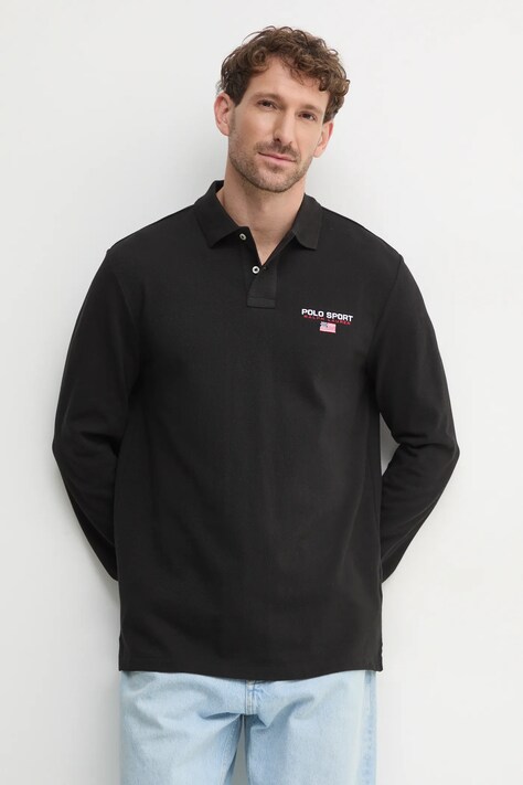 Polo Ralph Lauren longsleeve din bumbac culoarea negru, neted, 710961618