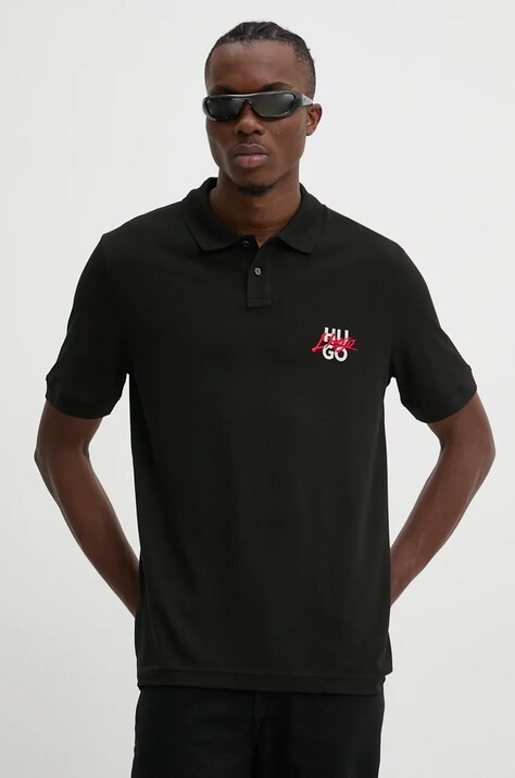 HUGO polo de bumbac culoarea negru, cu imprimeu, 50533657