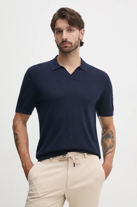Tommy Hilfiger polo din lână culoarea albastru marin, neted, MW0MW36538