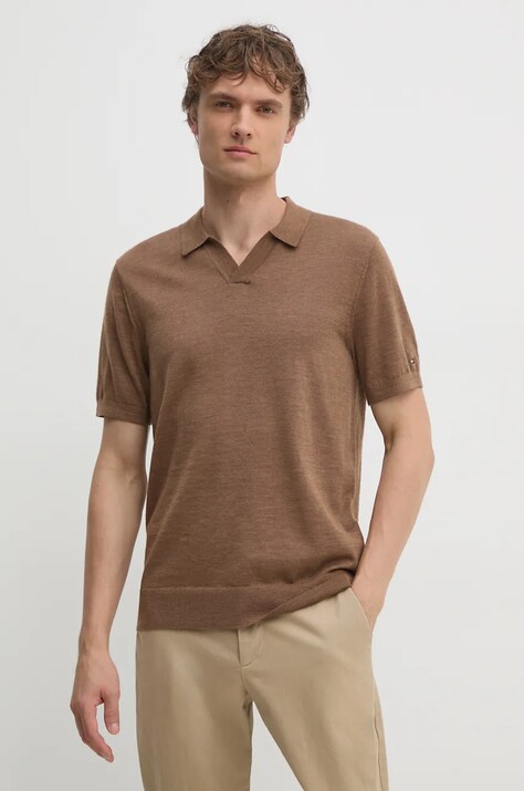 Tommy Hilfiger polo din lână culoarea maro, neted, MW0MW36538