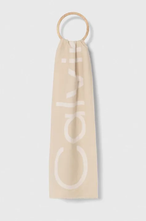 Šátek z vlněné směsi Calvin Klein béžová barva, vzorovaný, K60K612028