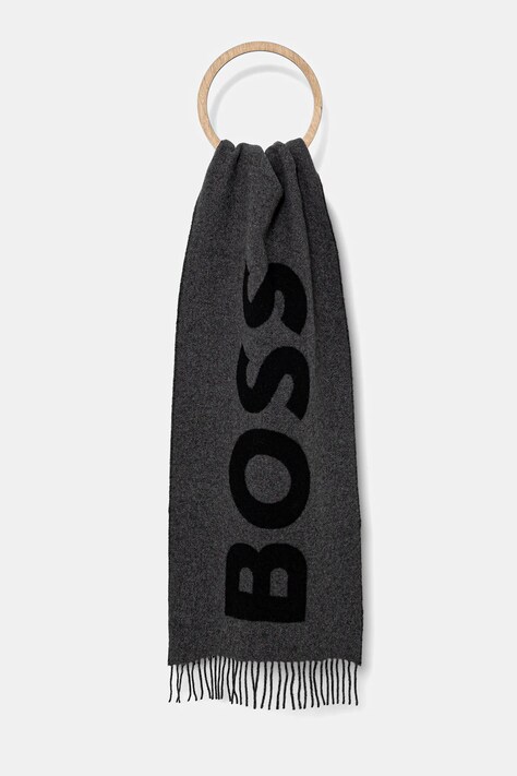 BOSS eșarfă de lână culoarea gri, cu imprimeu, 50527099