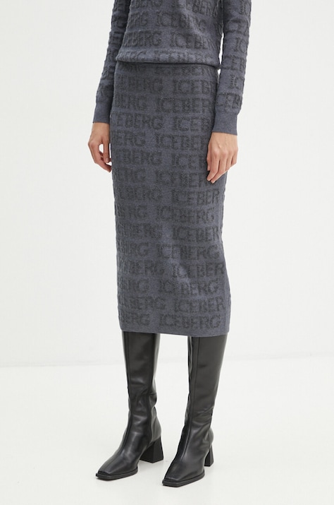 Iceberg fusta de lana culoarea gri, midi, drept, AC01 9030