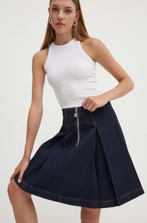 Džínová sukně HUGO tmavomodrá barva, mini, áčková, 50519917