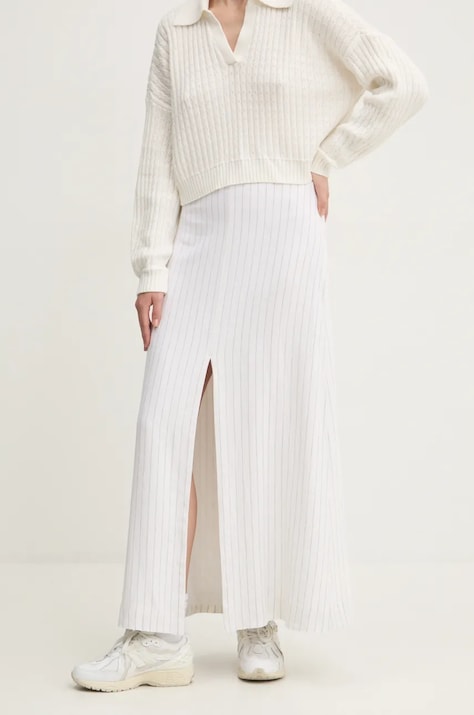 Ľanová sukňa Abercrombie & Fitch biela farba, maxi, rovný strih, KI143-4311