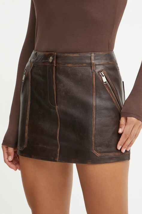 Kožená sukně MICHAEL Michael Kors hnědá barva, mini, áčková, MF470G2F24