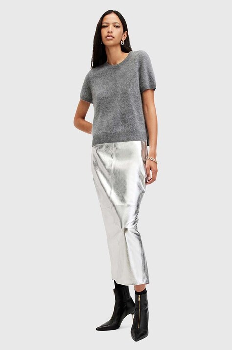 Кожена пола AllSaints RENAI PENCIL SKIRT в сребристо среднодълга със стандартна кройка W070RB