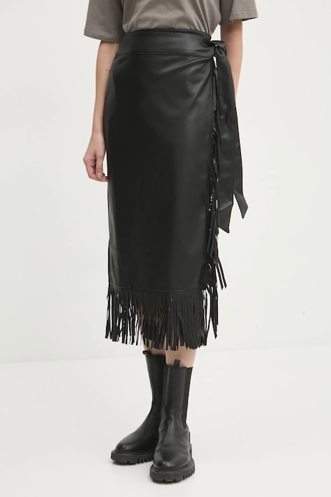 Kožená sukňa Never Fully Dressed Vegan Leather Fringe Jaspre čierna farba, midi, puzdrová, NFDSK573