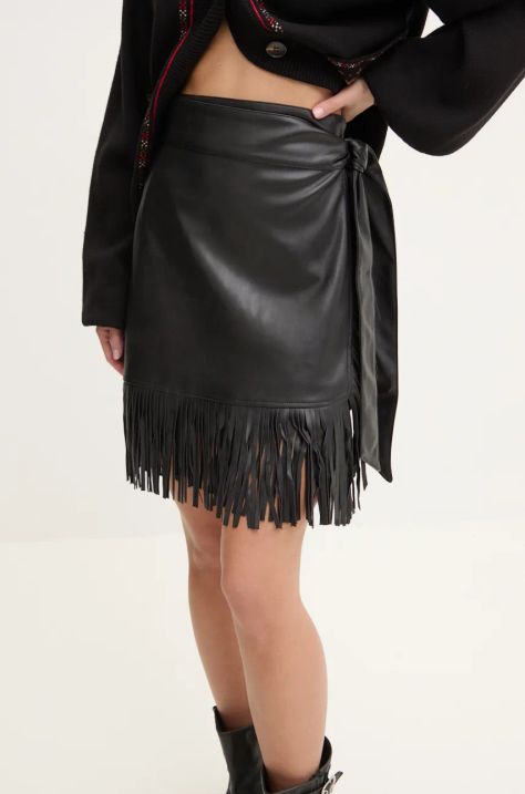 Suknja Never Fully Dressed Vegan Leather Mini Fringe Jaspre boja: crna, mini, pencil, NFDSK591