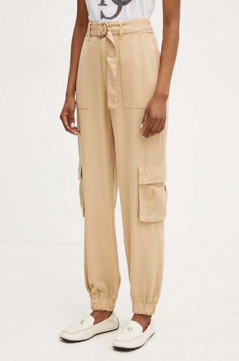 Guess pantaloni KATRIN femei, culoarea bej, fason cargo, high waist, W4YB51 WDP85