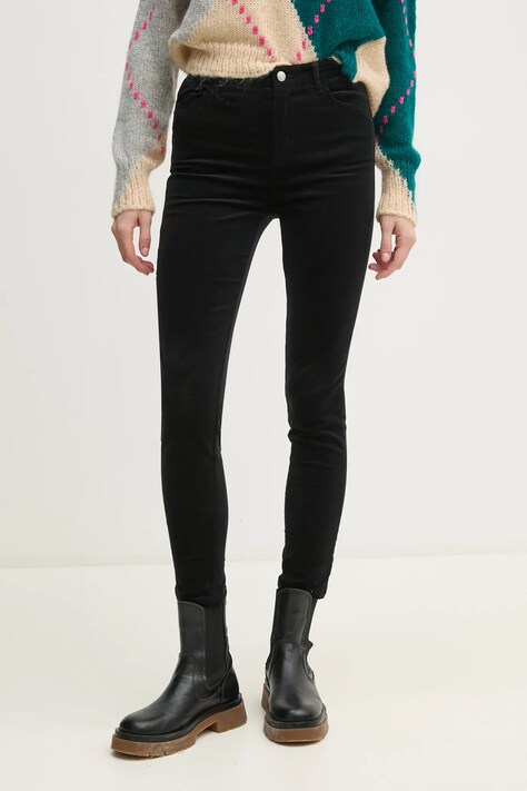 Hlače od samta United Colors of Benetton boja: crna, uski kroj, visoki struk, 4MIQDE028