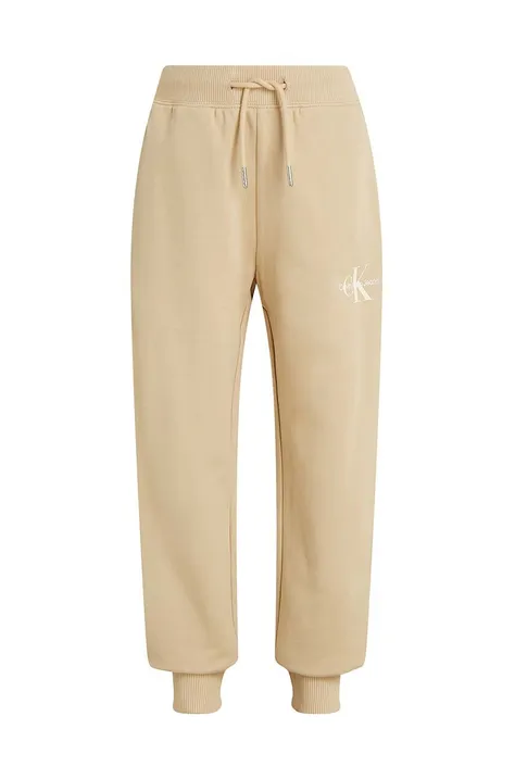 Calvin Klein Jeans pantaloni de trening din bumbac pentru copii MONOGRAM LOGO culoarea bej, neted, IU0IU00285