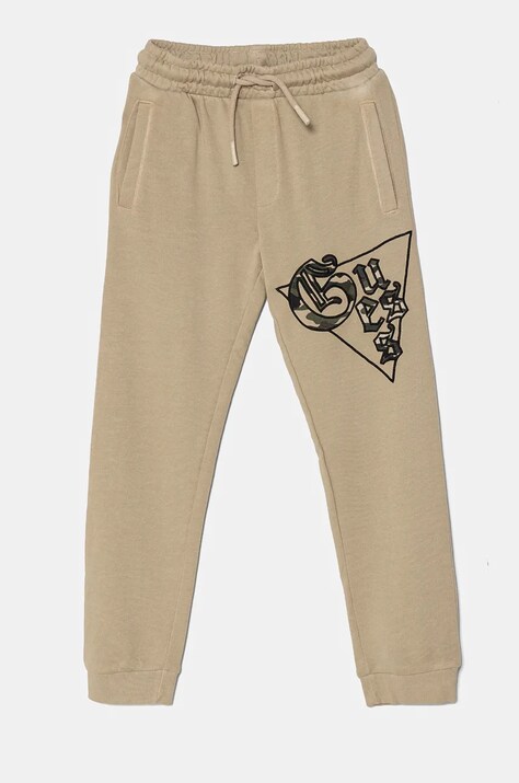 Guess pantaloni de trening din bumbac pentru copii culoarea bej, cu imprimeu, L4BQ11 KAD74