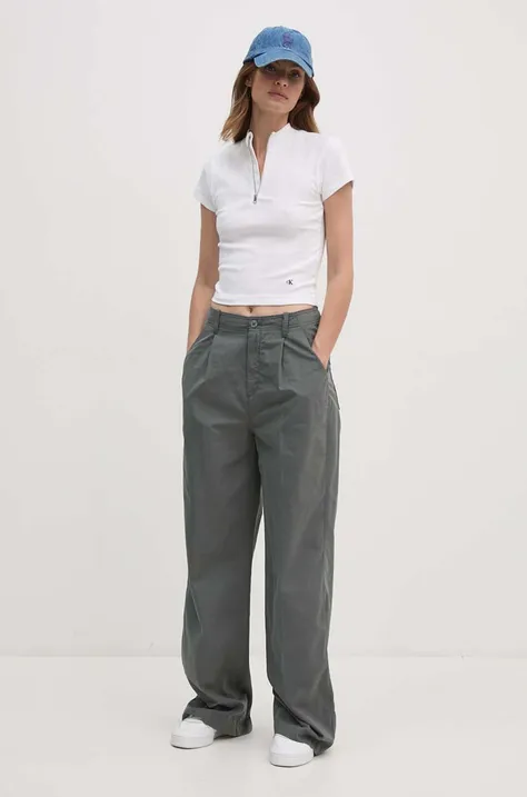 Calvin Klein Jeans pantaloni femei, culoarea gri, fason chinos, high waist, J20J223585