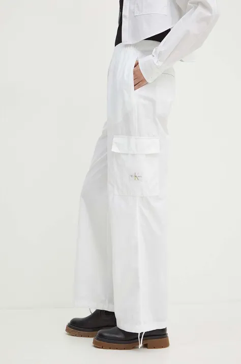 Calvin Klein Jeans pantaloni de bumbac culoarea alb, drept, high waist, J20J223586