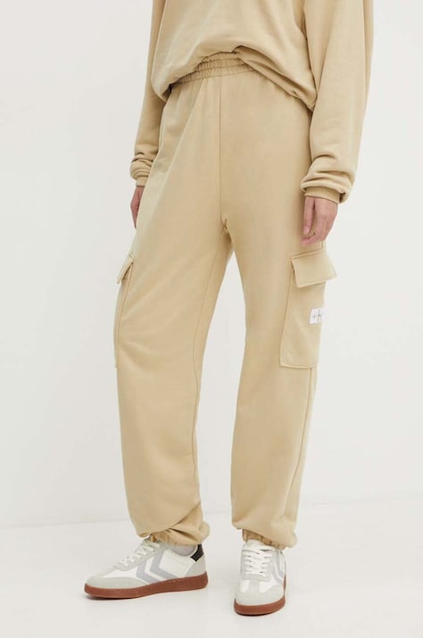 Calvin Klein Jeans pantaloni de trening din bumbac culoarea bej, neted, J20J223589