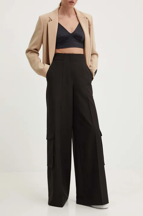 Kalhoty HUGO dámské, černá barva, široké, high waist, 50518970