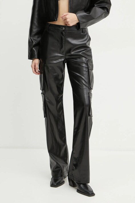Guess pantaloni KORI femei, culoarea negru, drept, high waist, W4YB11 WF8Q0