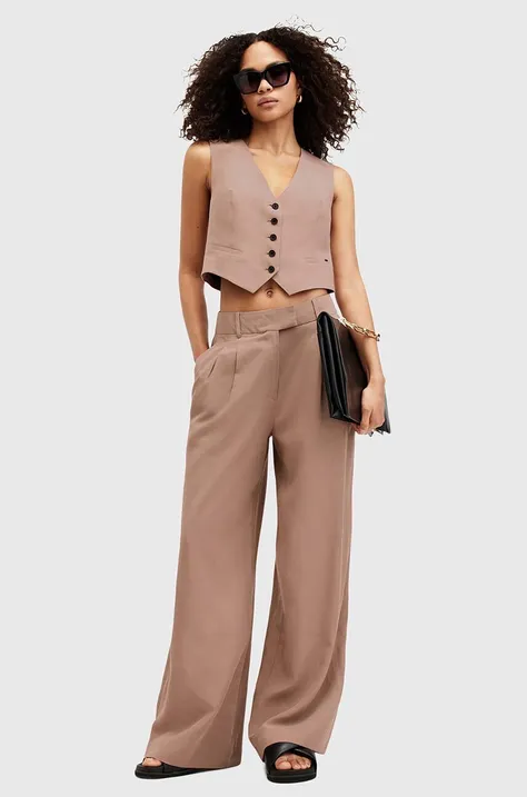 Παντελόνι με λινό μείγμα AllSaints DERI LYN χρώμα: καφέ, WT026Y