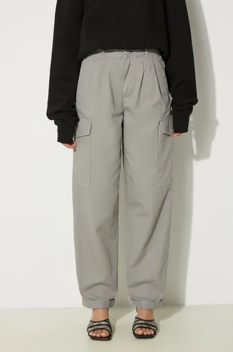 Памучен панталон Carhartt WIP Collins в сиво с кройка тип карго, с висока талия I029789.29KGD