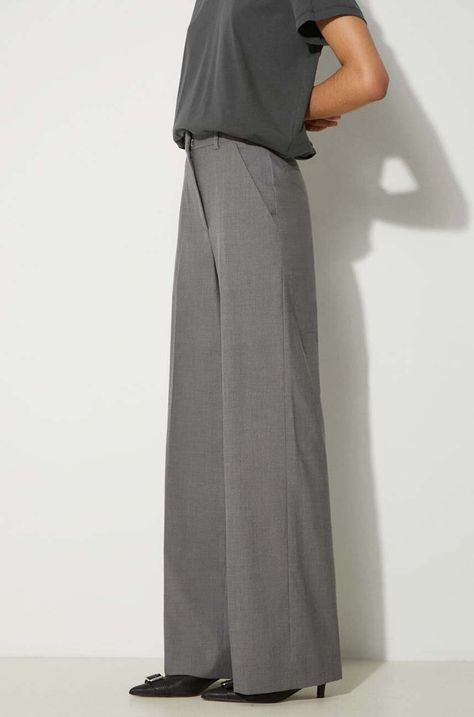 Kenzo pantaloni de lana Cool Wool Wide Pants culoarea gri, lat, high waist, FE62PA0949RB.97
