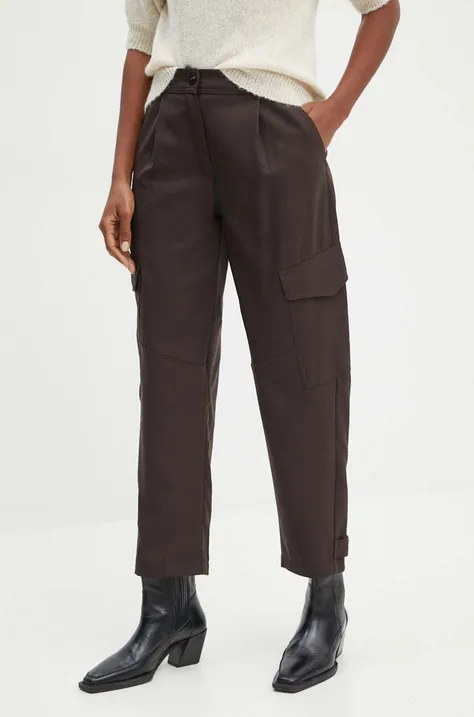 Marella spodnie wełniane kolor brązowy proste high waist 2423136065200