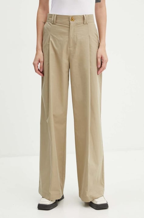 AERON spodnie bawełniane kolor beżowy szerokie high waist PFPA249512