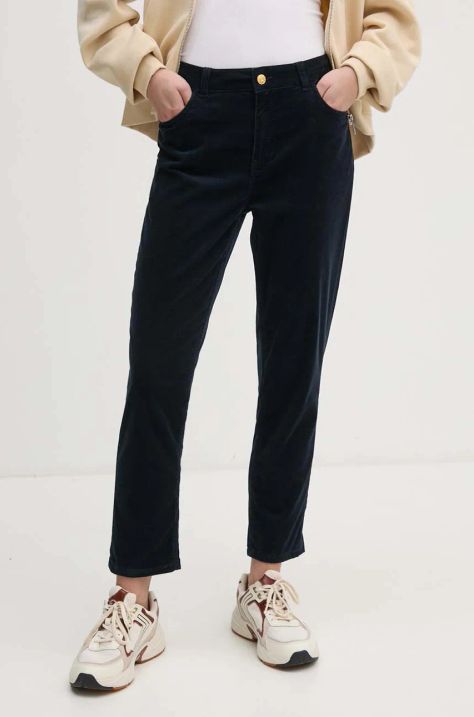 Tommy Hilfiger pantaloni de catifea cord culoarea albastru marin, mulata, high waist, WW0WW43479