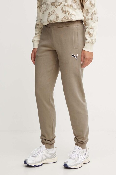 Puma pantaloni de trening din bumbac culoarea verde, neted, 676805