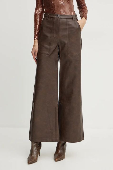 Bardot pantaloni VEGAN LEATHER femei, culoarea maro, lat, high waist, 59498PB