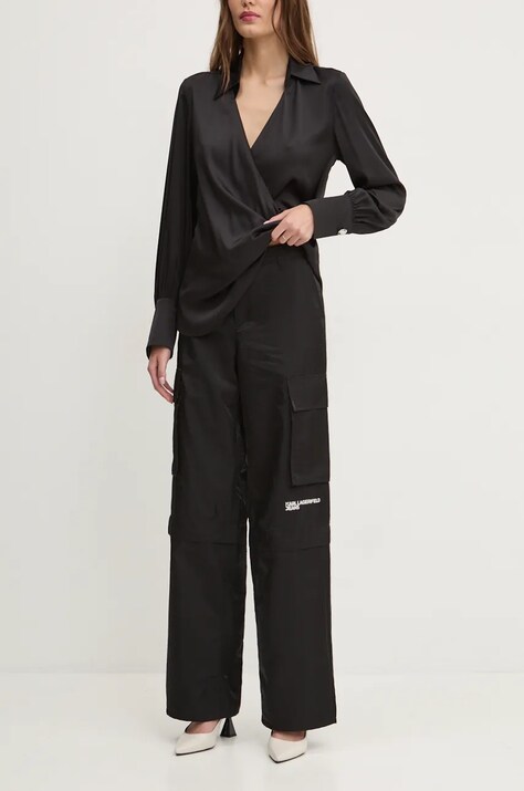 Nohavice Karl Lagerfeld Jeans dámske, čierna farba, široké, vysoký pás, 246J1004