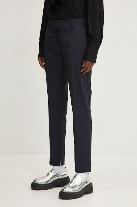 Штани з домішкою вовни HUGO колір синій фасон сигарети висока посадка 50516132