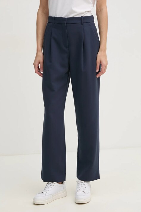 Nohavice Abercrombie & Fitch dámske, tmavomodrá farba, rovné, vysoký pás, KI156-4360