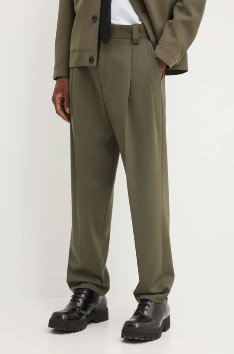 HUGO spodnie z domieszką wełny kolor zielony proste 50520374