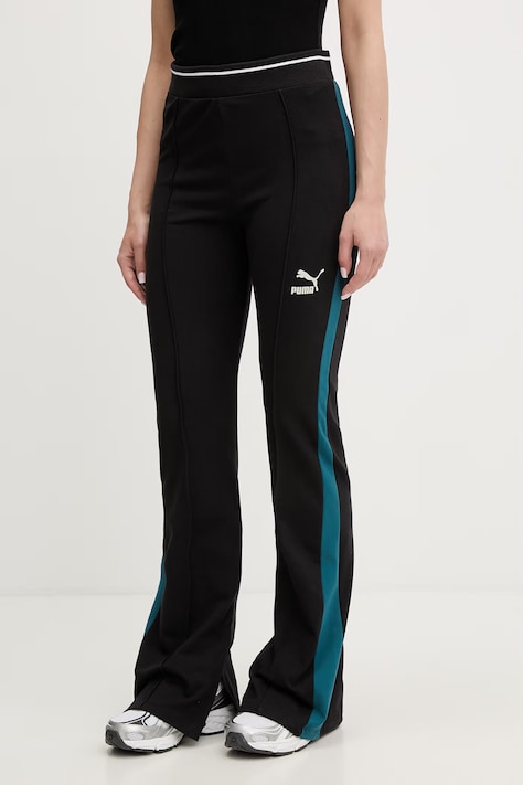 Puma спортивные штаны для женщин из хлопка с эластаном T7 Classics Play Paris Flared чёрные high waist