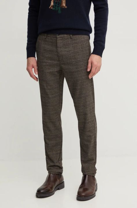 Lindbergh pantaloni bărbați, culoarea maro, mulată, 30-001049B