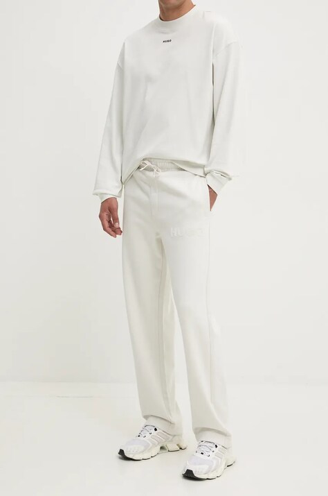 HUGO pantaloni de trening din bumbac culoarea bej, cu imprimeu, 50529110