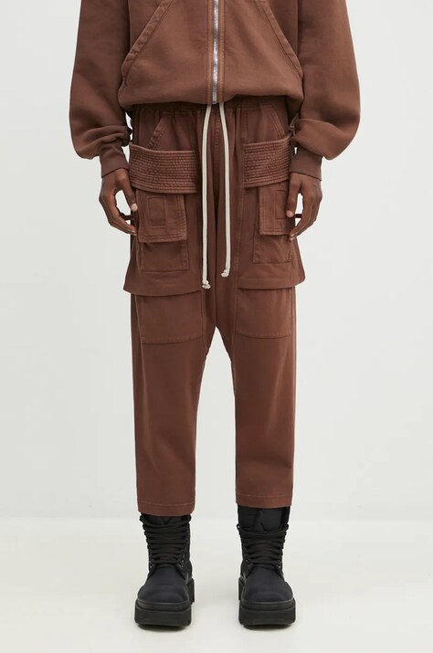 Rick Owens cotton joggers Creatch Cargo Cropped Drawstring brown color smooth DU02D2371.RIG