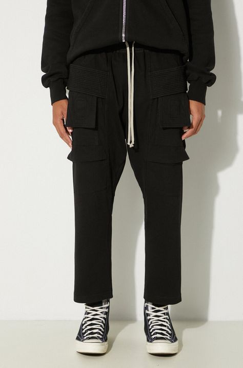 Rick Owens pantaloni de trening din bumbac Creatch Cargo Cropped Drawstring culoarea negru, neted, DU02D2371.RIG