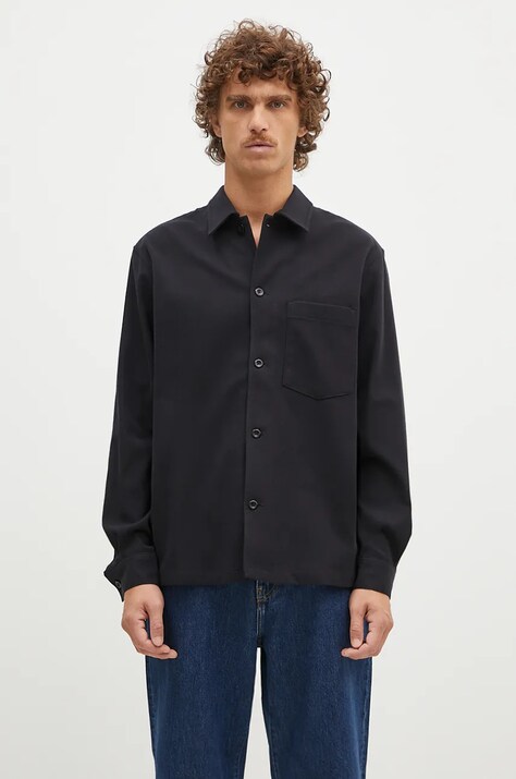 Košile s příměsí vlny Norse Projects Carsten Cotton Wool LS Shirt černá barva, regular, s klasickým límcem, N40.0806.9999