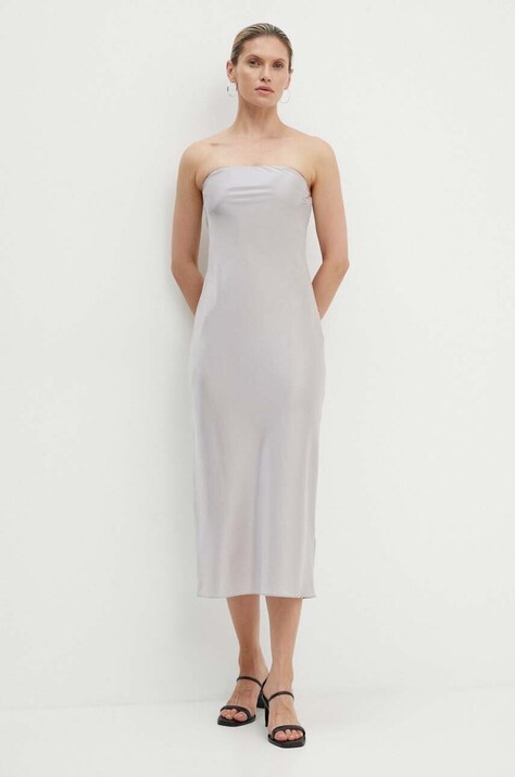 Samsoe Samsoe rochie din amestec de matase SAELINA culoarea gri, midi, mulată, F24200158