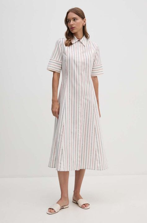 Šaty Tommy Hilfiger béžová farba, midi, áčkový strih, WW0WW42317