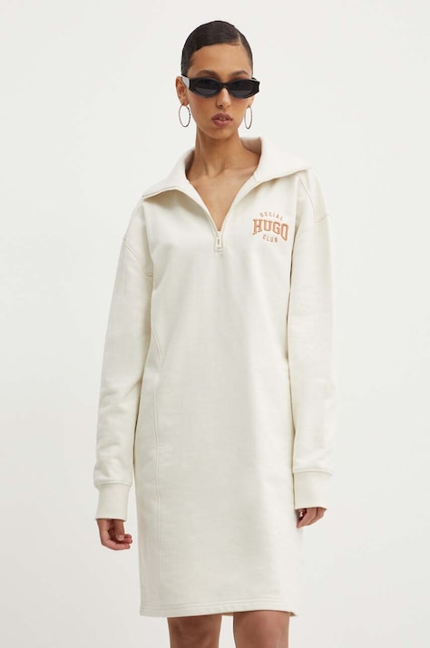 HUGO rochie din bumbac culoarea bej, mini, oversize, 50517130